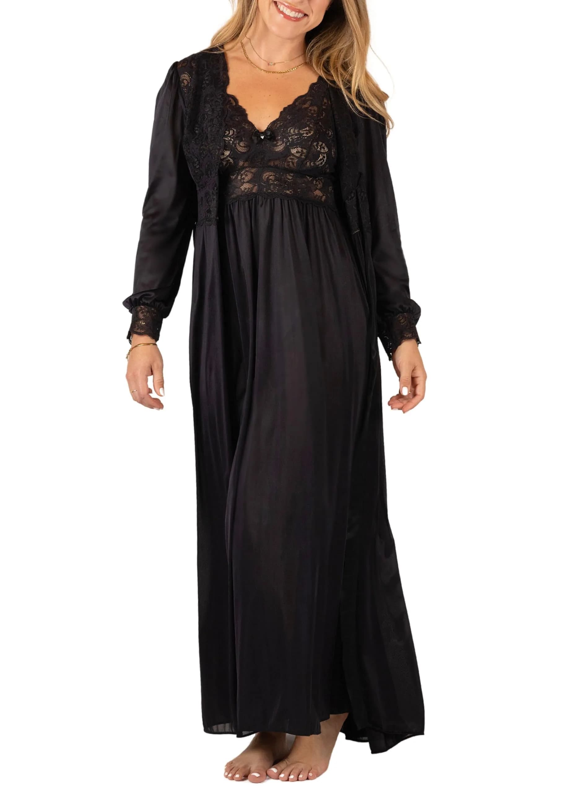 Shadowline Women's Nightgown Robe Silhouette Gown Peignoir 2 Piece Sleepwear Set, Black, 2X | Luxurious Nylon & Lace