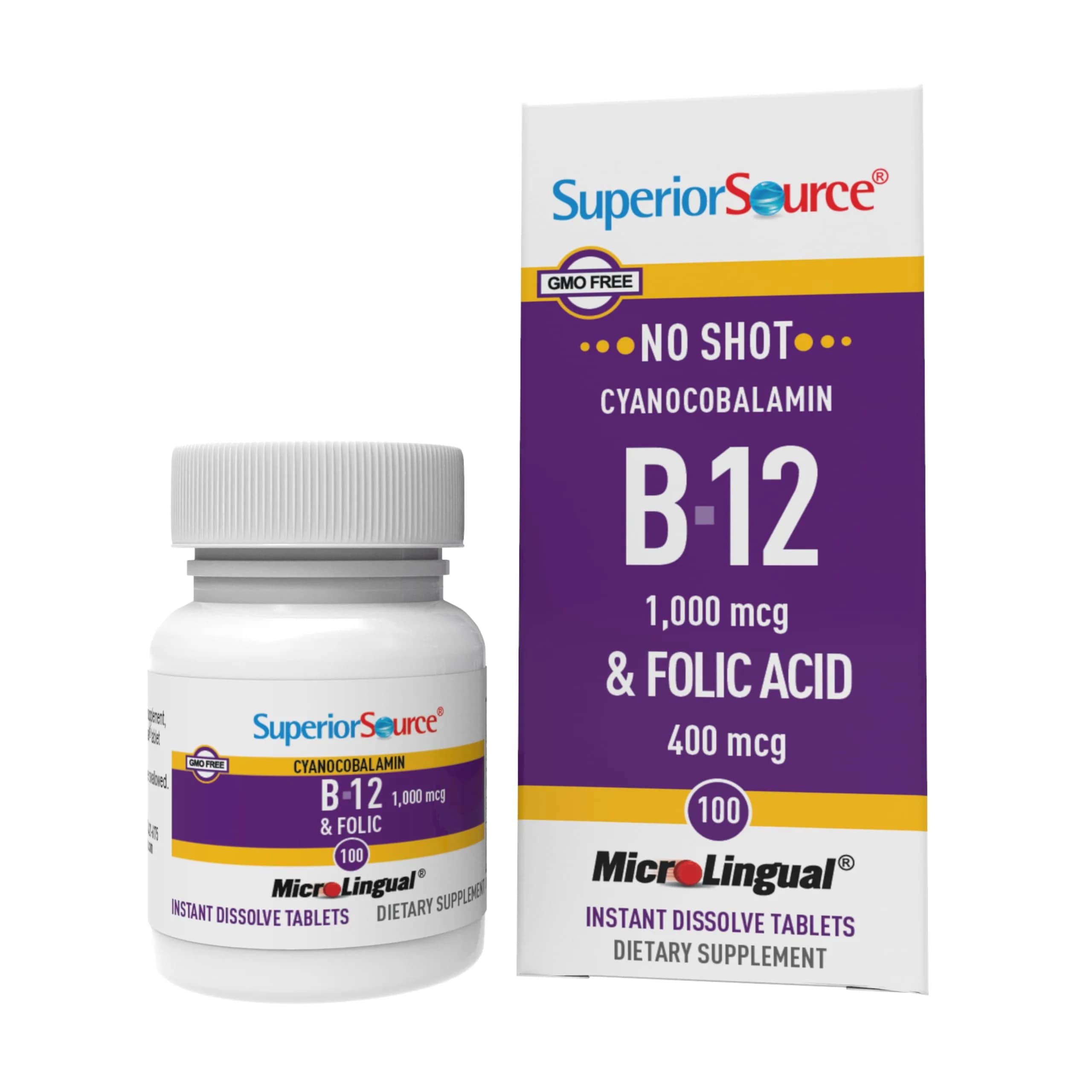 Superior Source No Shot Vitamin B-12 1000 mcg & Folic Acid 400 mcg | Sublingual Energy & Wellness Support - main product image