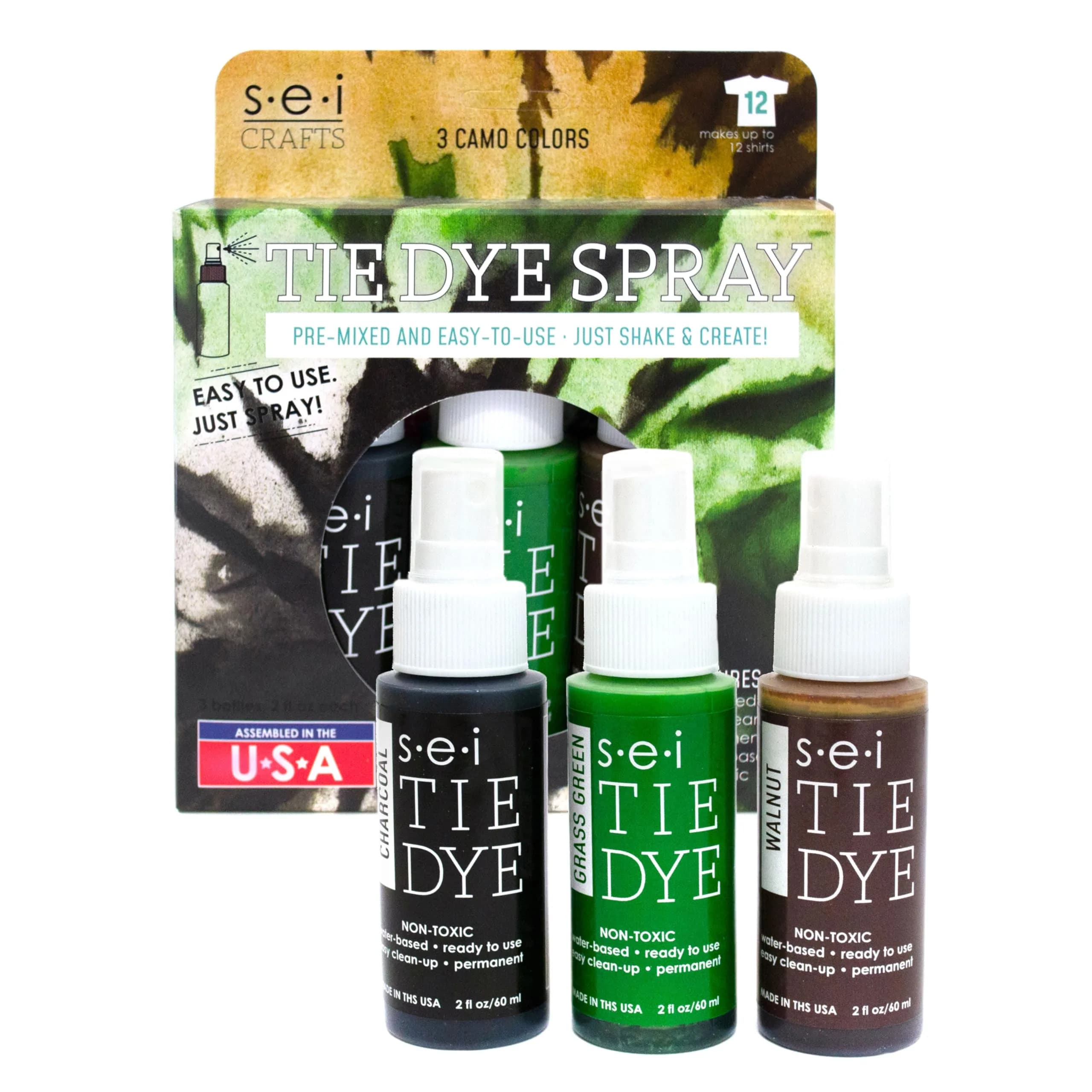 S·E·I Camo Tie Dye Kit 3 Pack | Pre-Mixed Spray Fabric Dye, Vibrant & Easy to Use (70-120 chars) — Camo