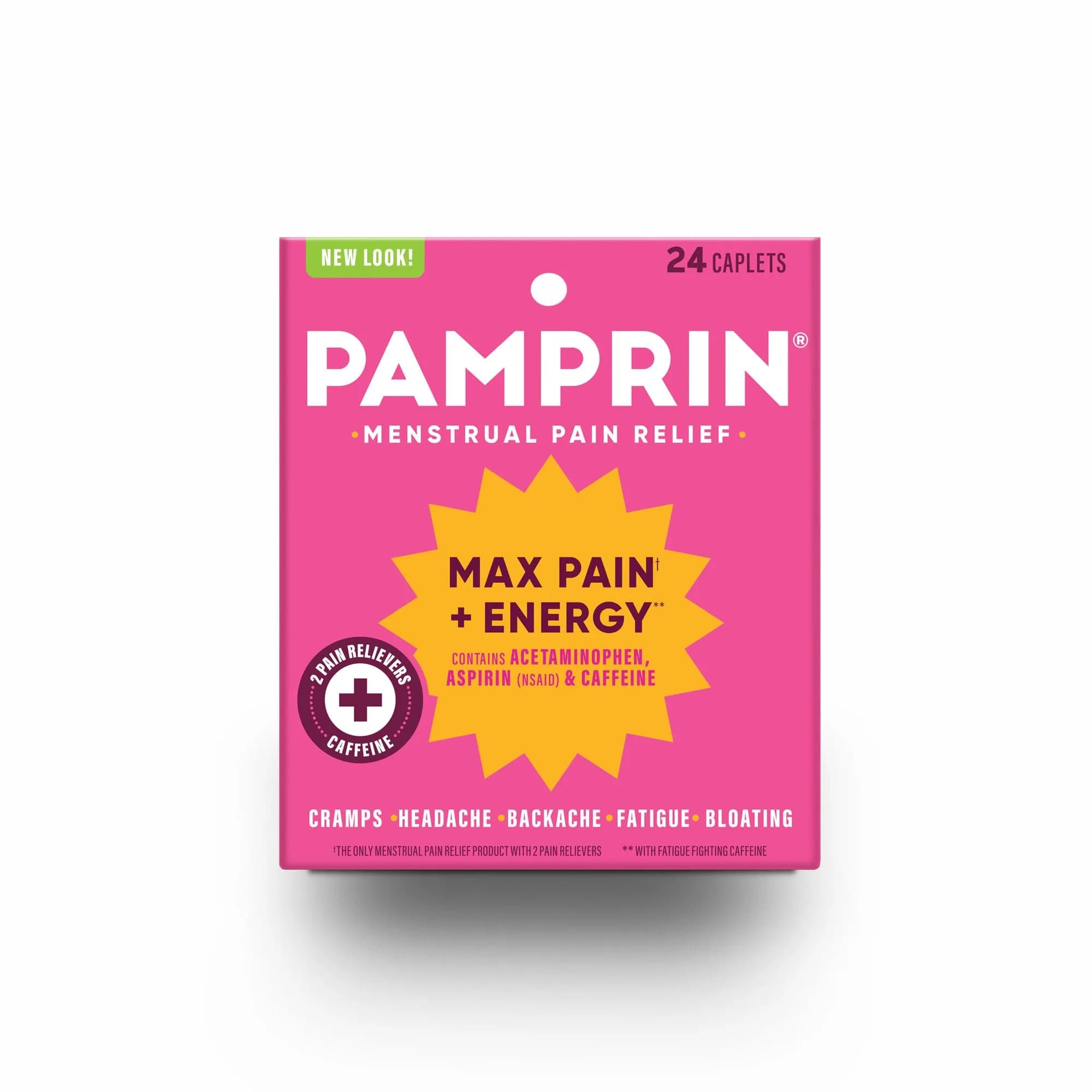 Pamprin Max Pain + Energy Caplets 24 Count | Menstrual Relief for Cramps, Bloating & Fatigue