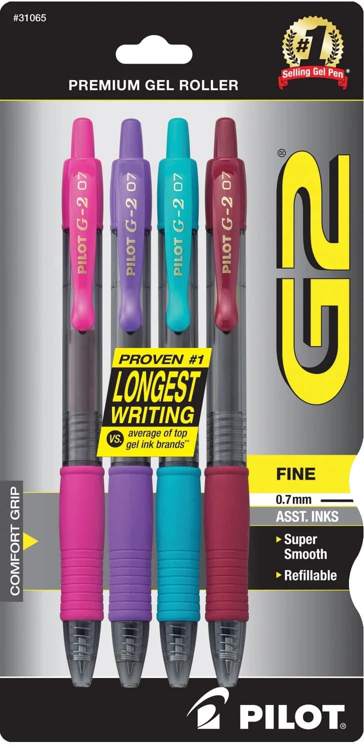 PILOT G2 Premium Retractable Gel Pens, Fine Point 0.7mm, Assorted Fashion Colors, 4-Pack (18.29 cm x 1.39 cm x 8.89 cm) — Assorted Fashion