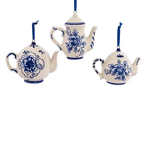 Kurt S. Adler Porcelain Delft Blue Teapot Ornament Set of 3 | 2-3" Hanging Christmas Decor with Blue Floral Design thumbnail 2
