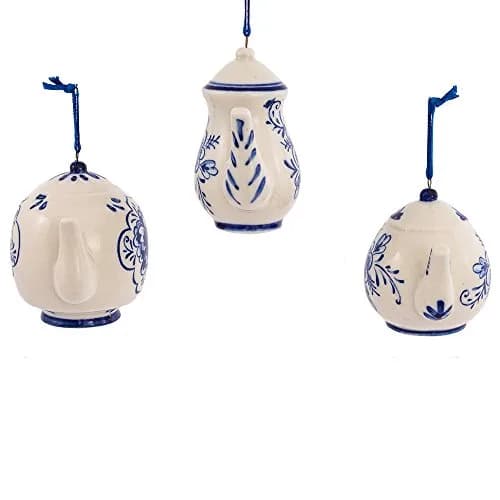 Kurt S. Adler Porcelain Delft Blue Teapot Ornament Set of 3 | 2-3" Hanging Christmas Decor with Blue Floral Design thumbnail 3
