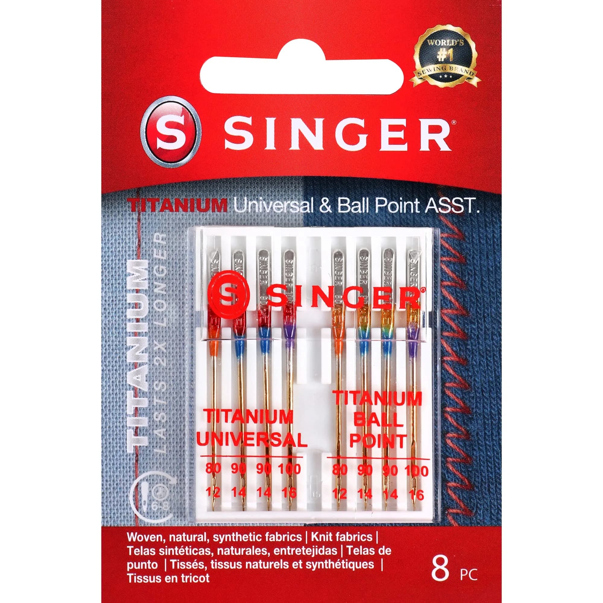 SINGER Titanium Universal Sewing Machine Needles Combo Pack, 8-Count (80/12, 90/14, 100/16) | Durable Needles for Knit & Woven Fabrics - main product image