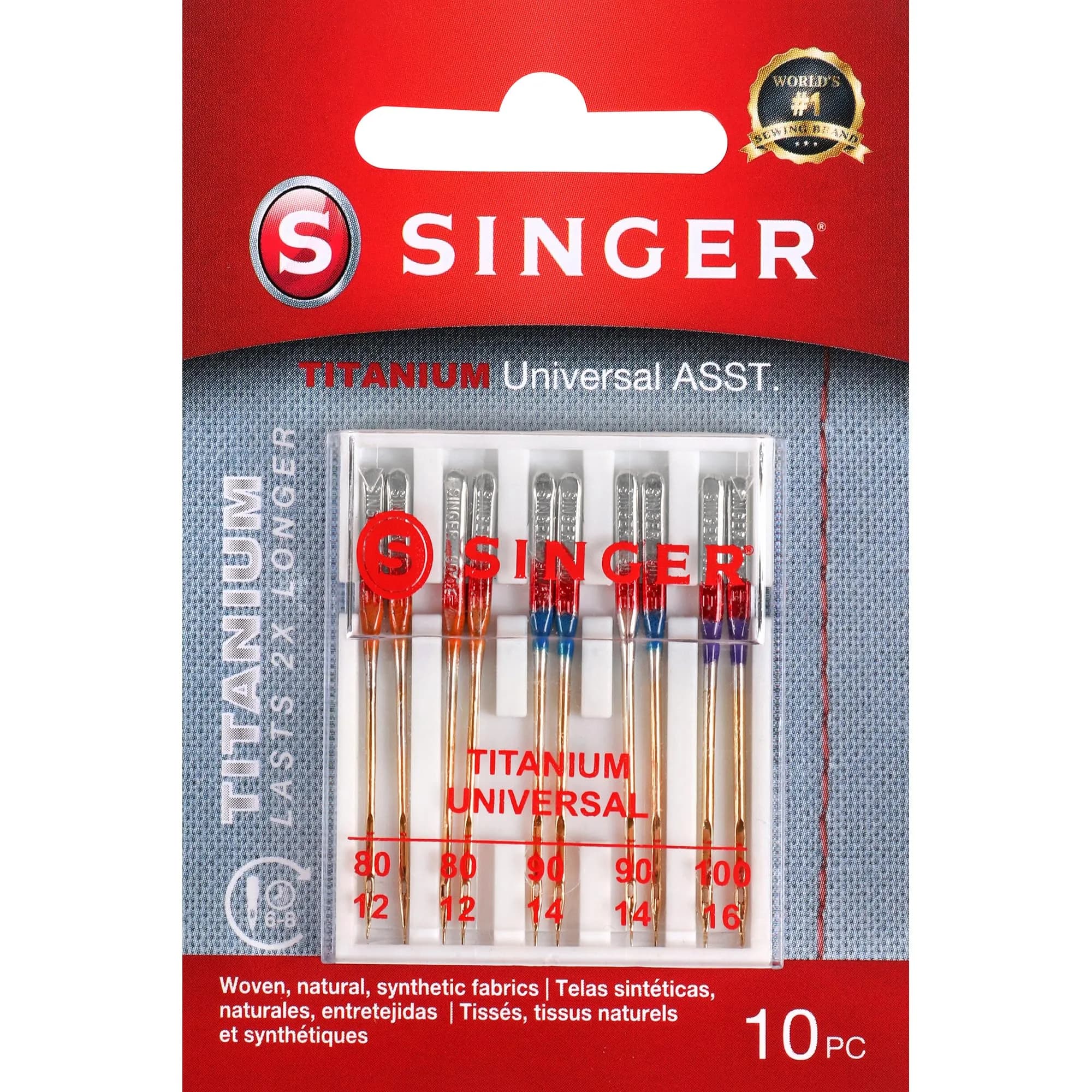 SINGER Titanium Universal Regular Point Machine Needles 80/11, 90/14, 100/16 (10-Count) | Durable Needles for Woven Fabrics - main product image