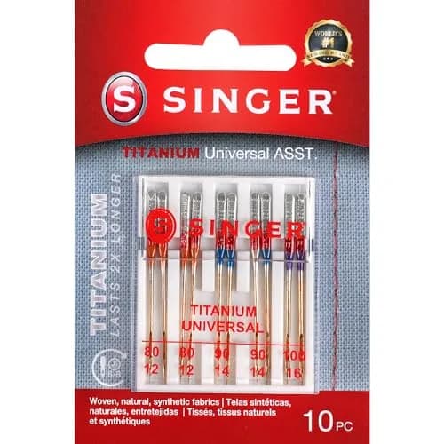 SINGER Titanium Universal Regular Point Machine Needles 80/11, 90/14, 100/16 (10-Count) | Durable Needles for Woven Fabrics thumbnail 1