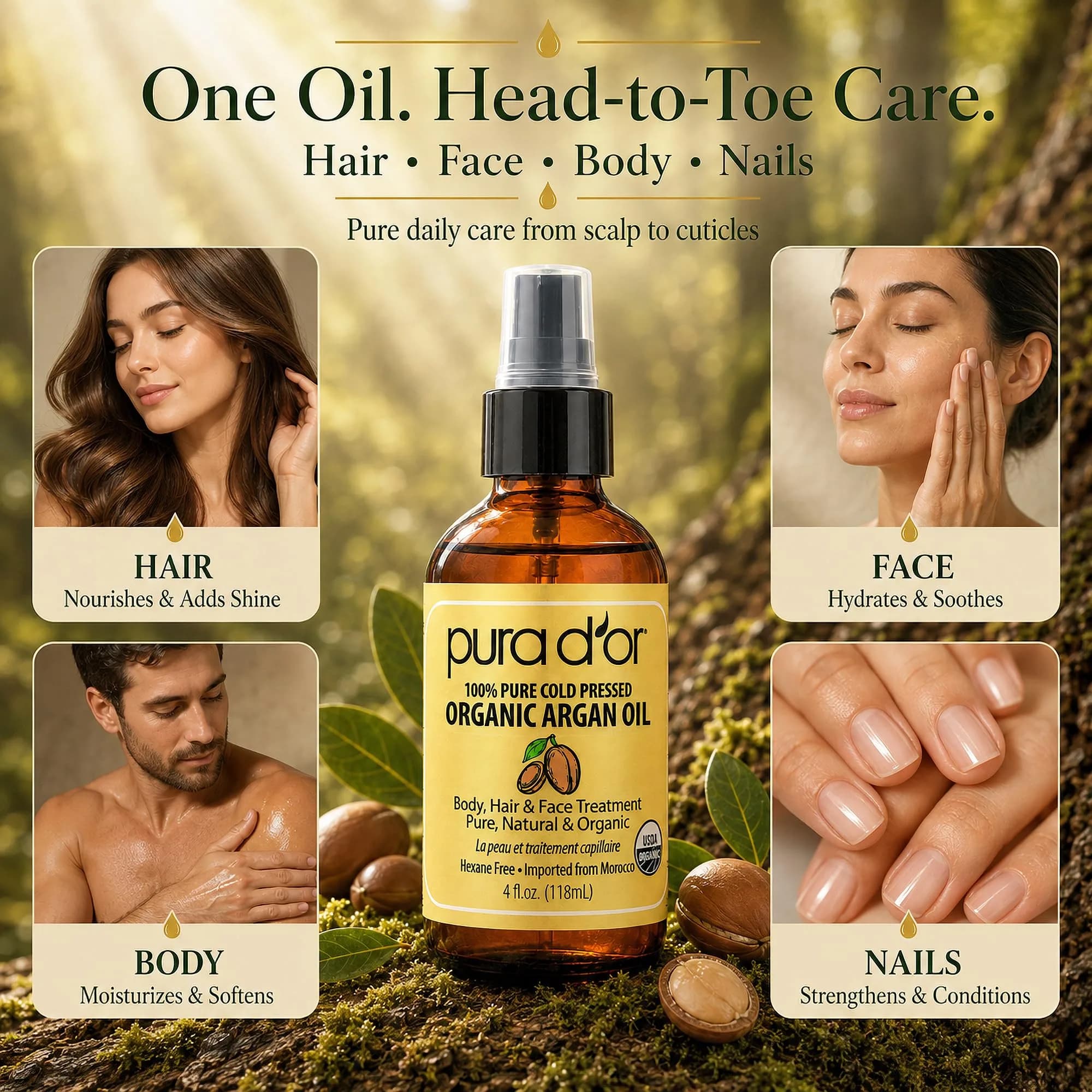 PURA D'OR USDA Organic Moroccan Argan Oil 118ml (4 Fl Oz) | Cold-Pressed Virgin Grade Treatment for Hair, Skin, Scalp & Nails - view 5