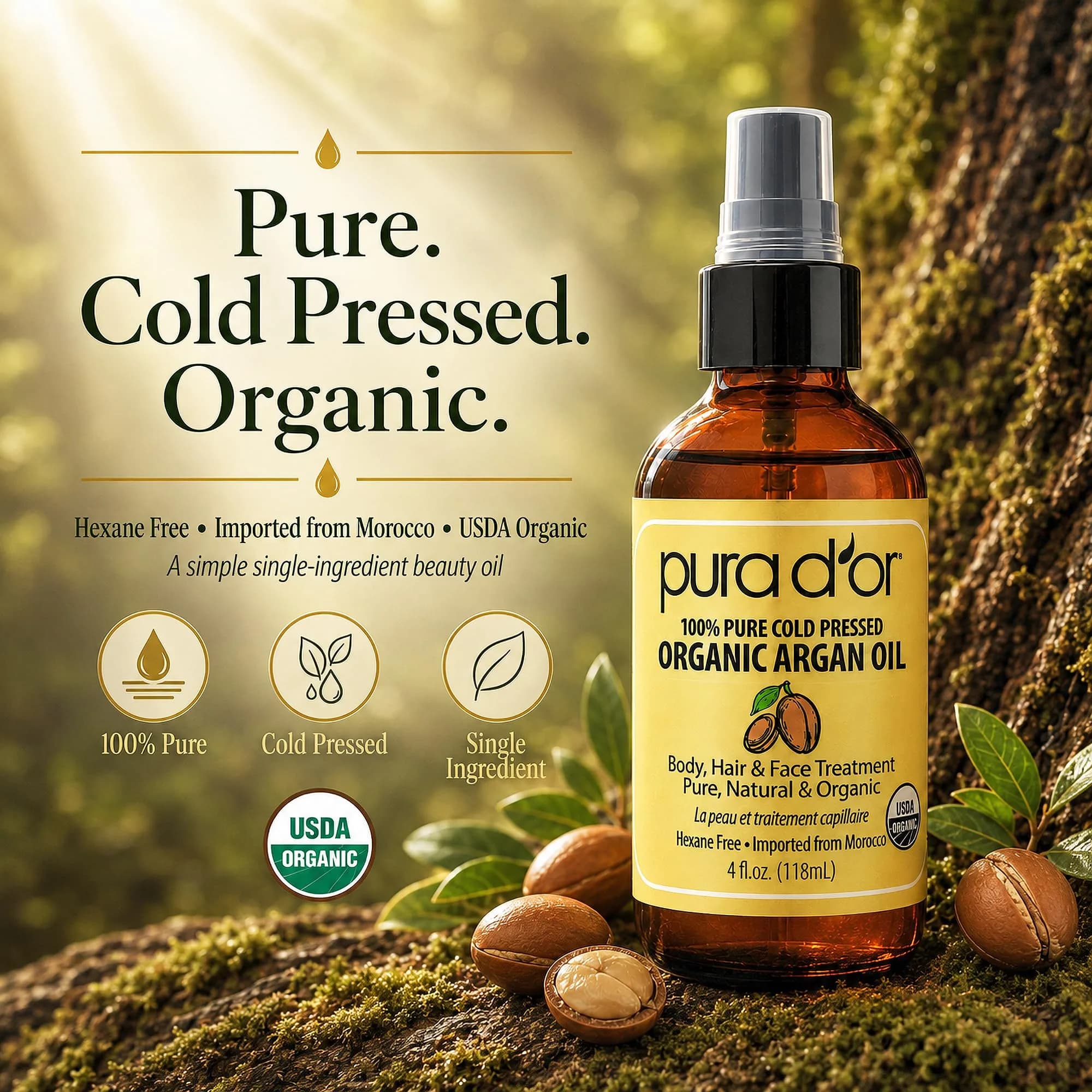 PURA D'OR USDA Organic Moroccan Argan Oil 118ml (4 Fl Oz) | Cold-Pressed Virgin Grade Treatment for Hair, Skin, Scalp & Nails - view 6