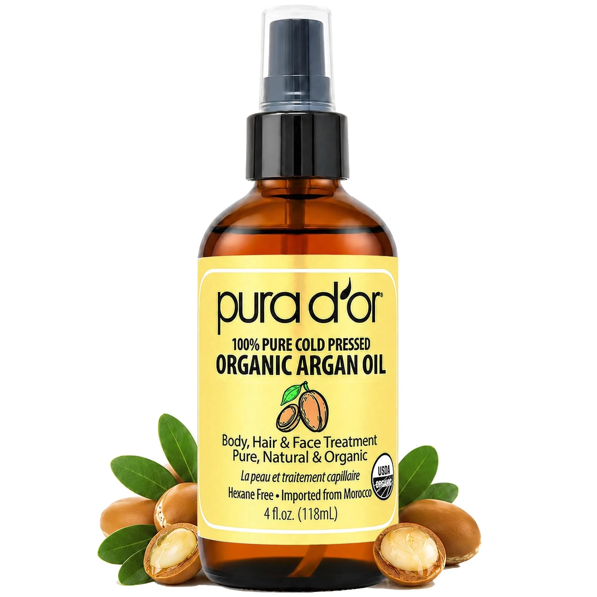 PURA D'OR USDA Organic Moroccan Argan Oil 118ml (4 Fl Oz) | Cold-Pressed Virgin Grade Treatment for Hair, Skin, Scalp & Nails - main product image
