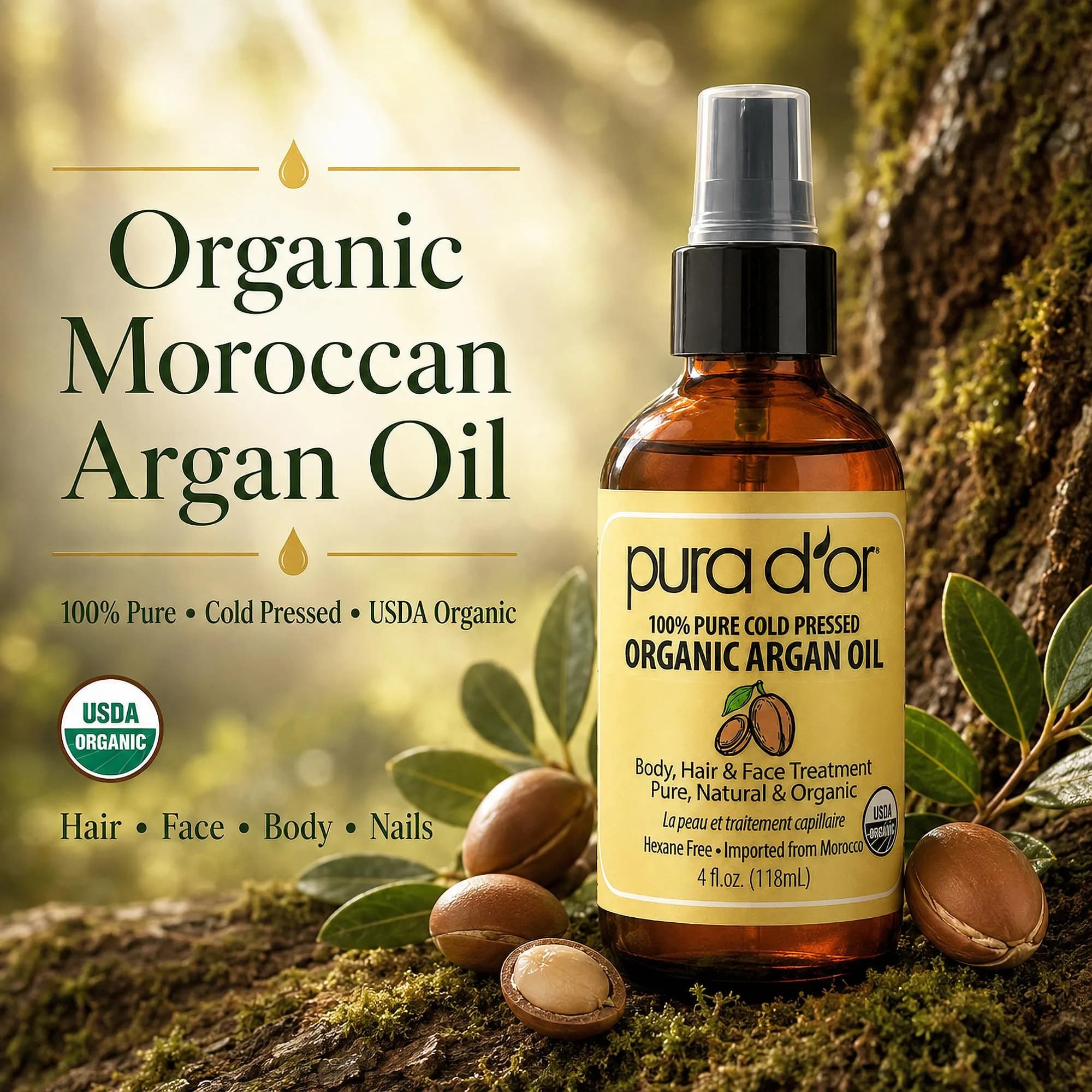PURA D'OR USDA Organic Moroccan Argan Oil 118ml (4 Fl Oz) | Cold-Pressed Virgin Grade Treatment for Hair, Skin, Scalp & Nails - view 2