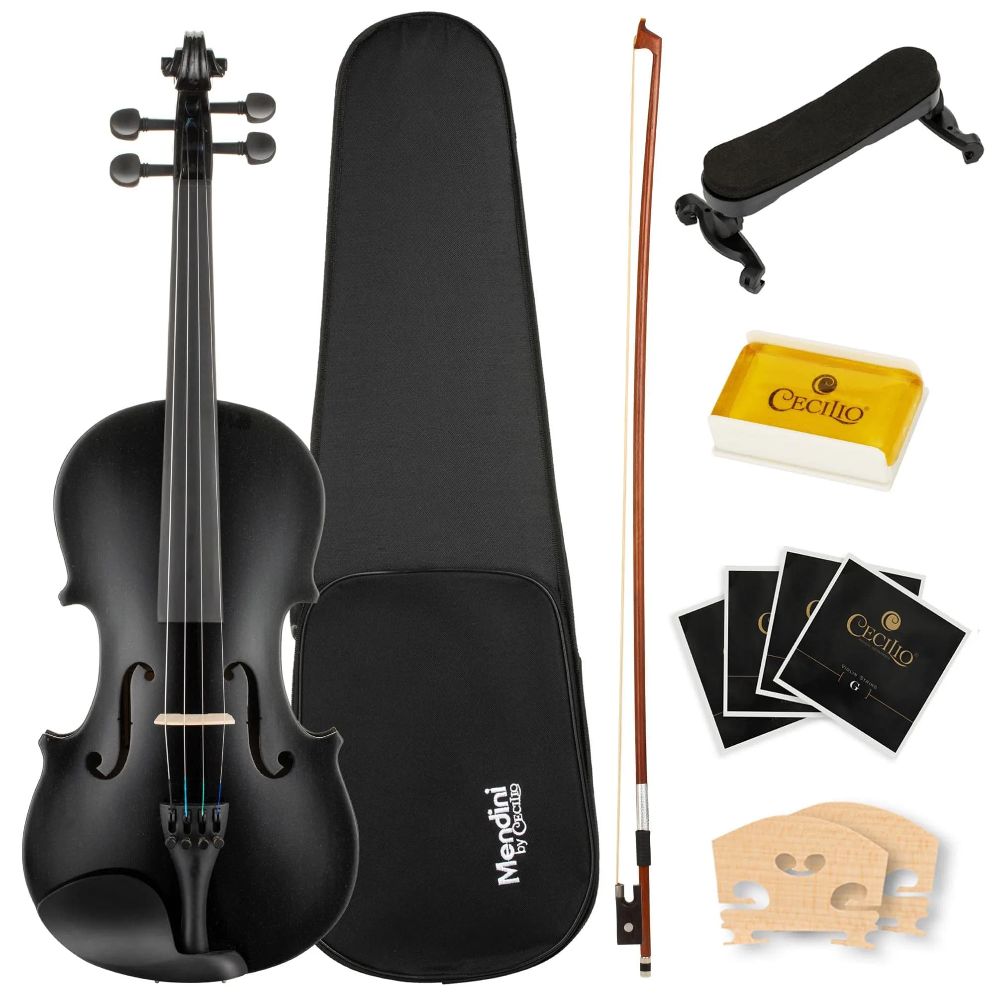 Mendini by Cecilio 1/4 Violin Set with Case, Bow, Rosin, Shoulder Rest & Extra Strings | Hand Carved Solid Wood Beginner Violin Kit — Black / 4/4