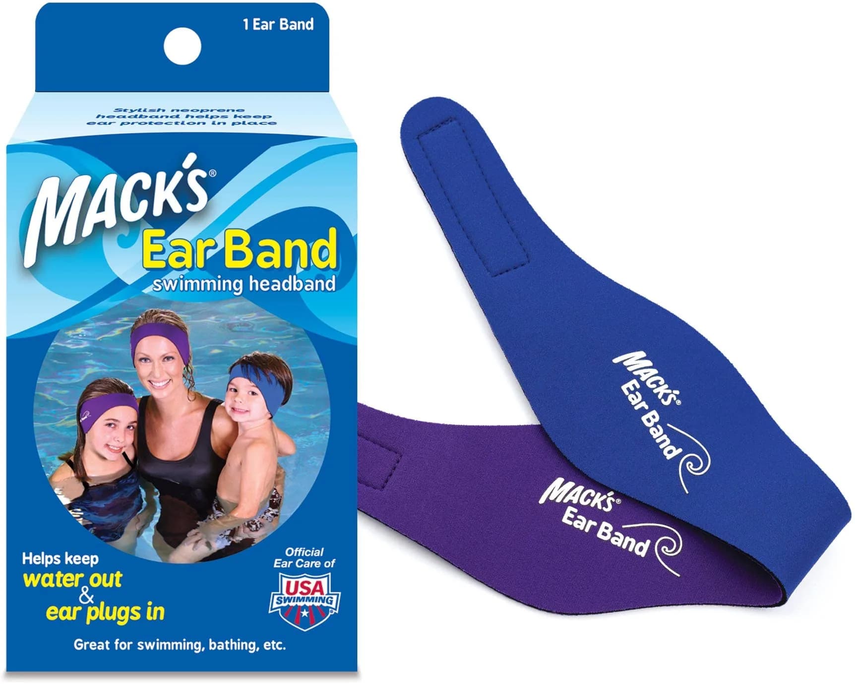Mack's Swimming Headband – Doctor Recommended Neoprene Ear Band for Water Sports – Adjustable Fit for Kids to Adults – Blue/Purple - main product image