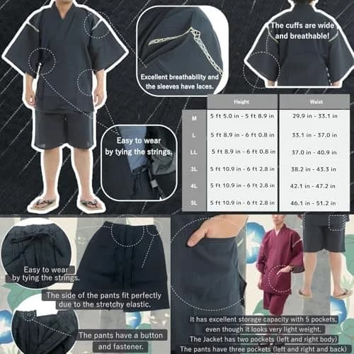 Edoten Men's Japan Kimono Jimbei 100% Cotton | Summer Kimono Style Lounge Wear thumbnail 4