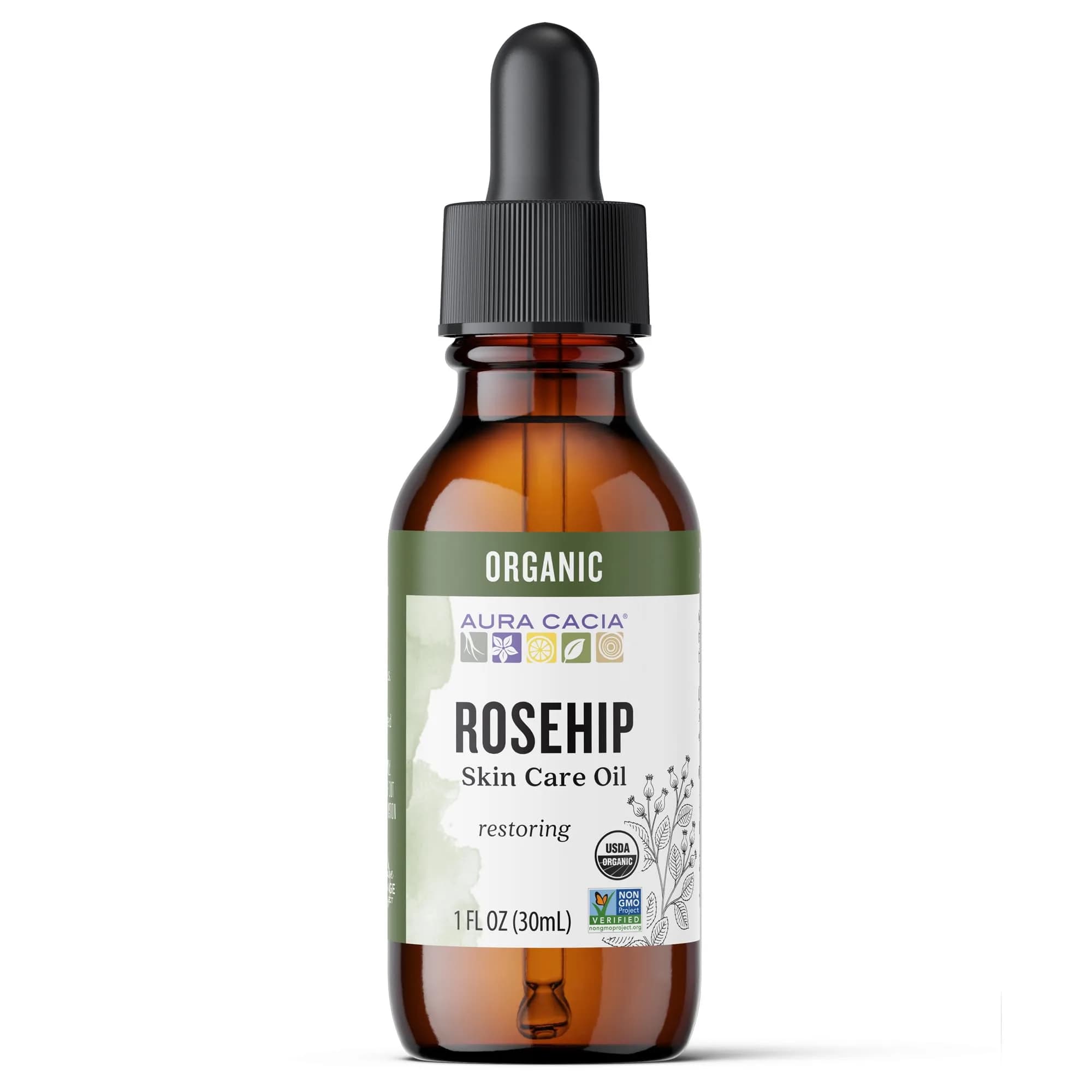 Aura Cacia Organic Rosehip Skin Care Oil 30ml (1 fl. oz.) | Restores Mature & Sun-Damaged Skin — 1 Fl Oz
