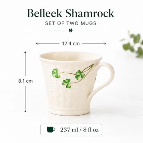 Belleek Classic Shamrock Mug Set, 8 oz Ceramic Coffee Cups | Handcrafted Parian China Drinkware thumbnail 2