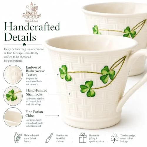 Belleek Classic Shamrock Mug Set, 8 oz Ceramic Coffee Cups | Handcrafted Parian China Drinkware thumbnail 3