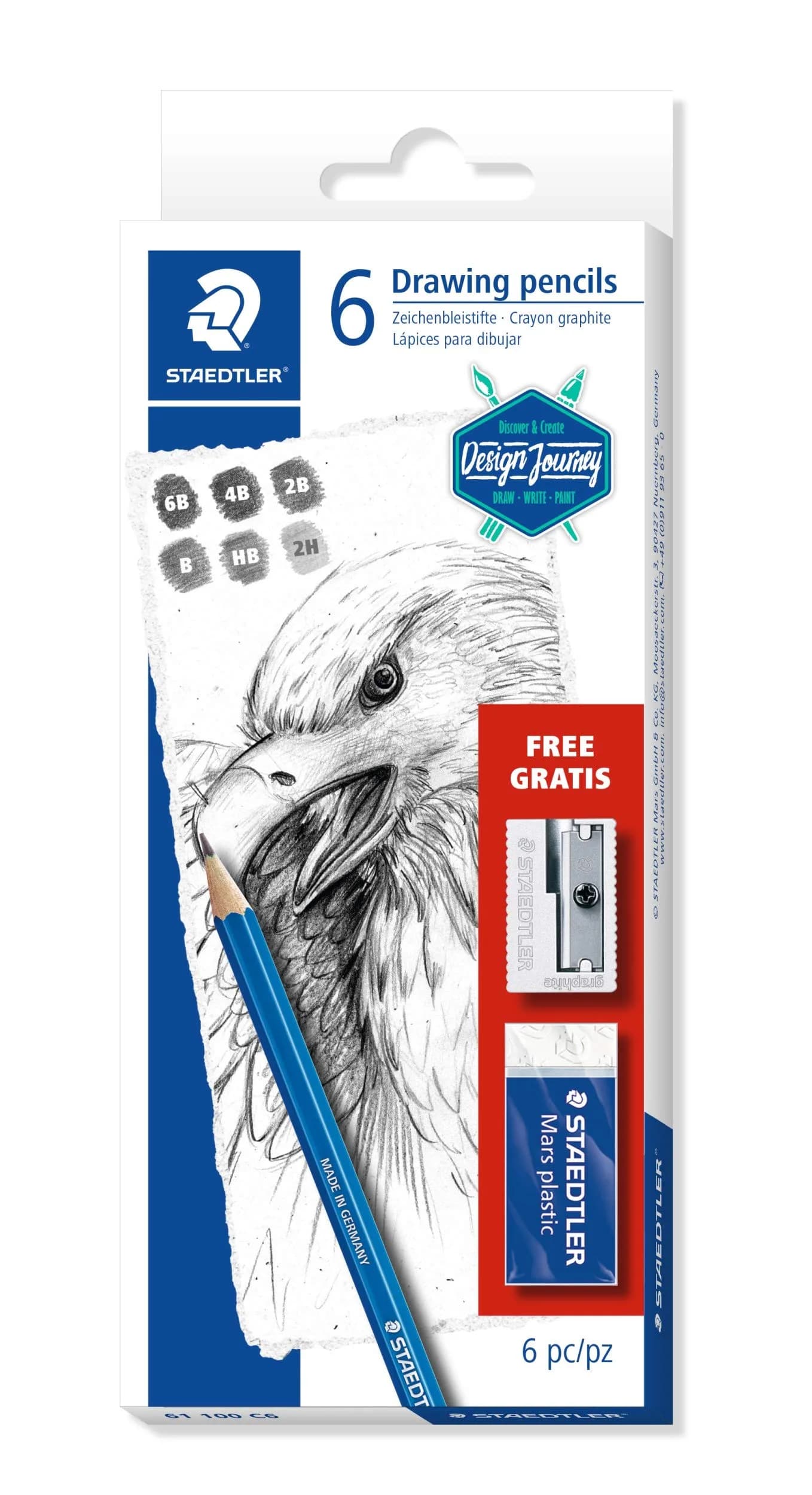 STAEDTLER Mars Lumograph Art Set | 6 Assorted Sketch Pencils for Drawing, Eraser & Sharpener — Silver