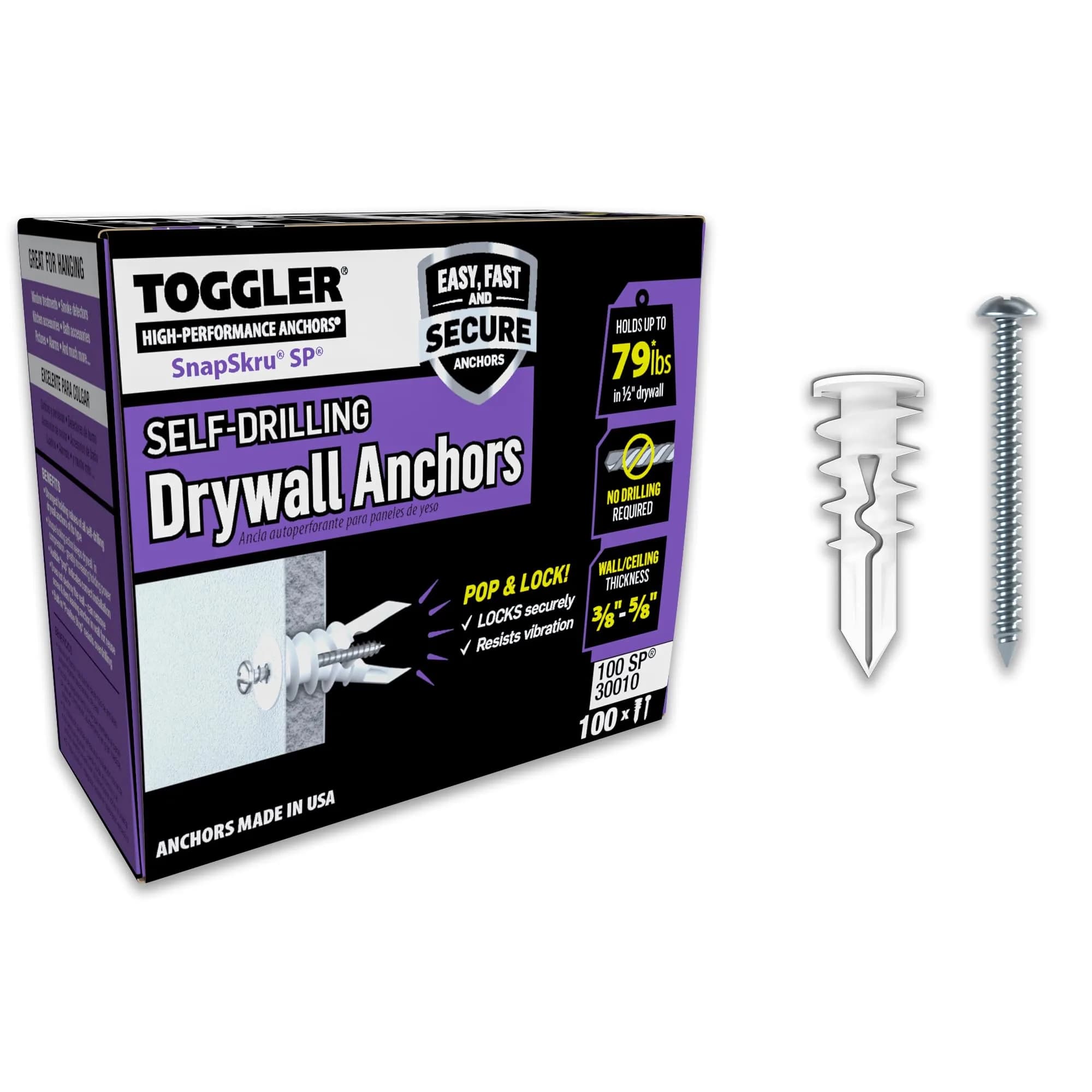 TOGGLER SnapSkru SP Drywall Anchors with Screws, 100 Pack | Self-Drilling, Heavy Duty, USA Made