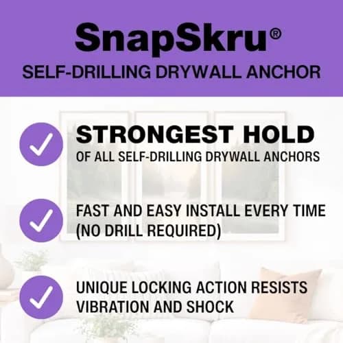 TOGGLER SnapSkru SP Drywall Anchors with Screws, 100 Pack | Self-Drilling, Heavy Duty, USA Made thumbnail 4