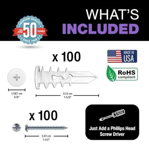TOGGLER SnapSkru SP Drywall Anchors with Screws, 100 Pack | Self-Drilling, Heavy Duty, USA Made thumbnail 2