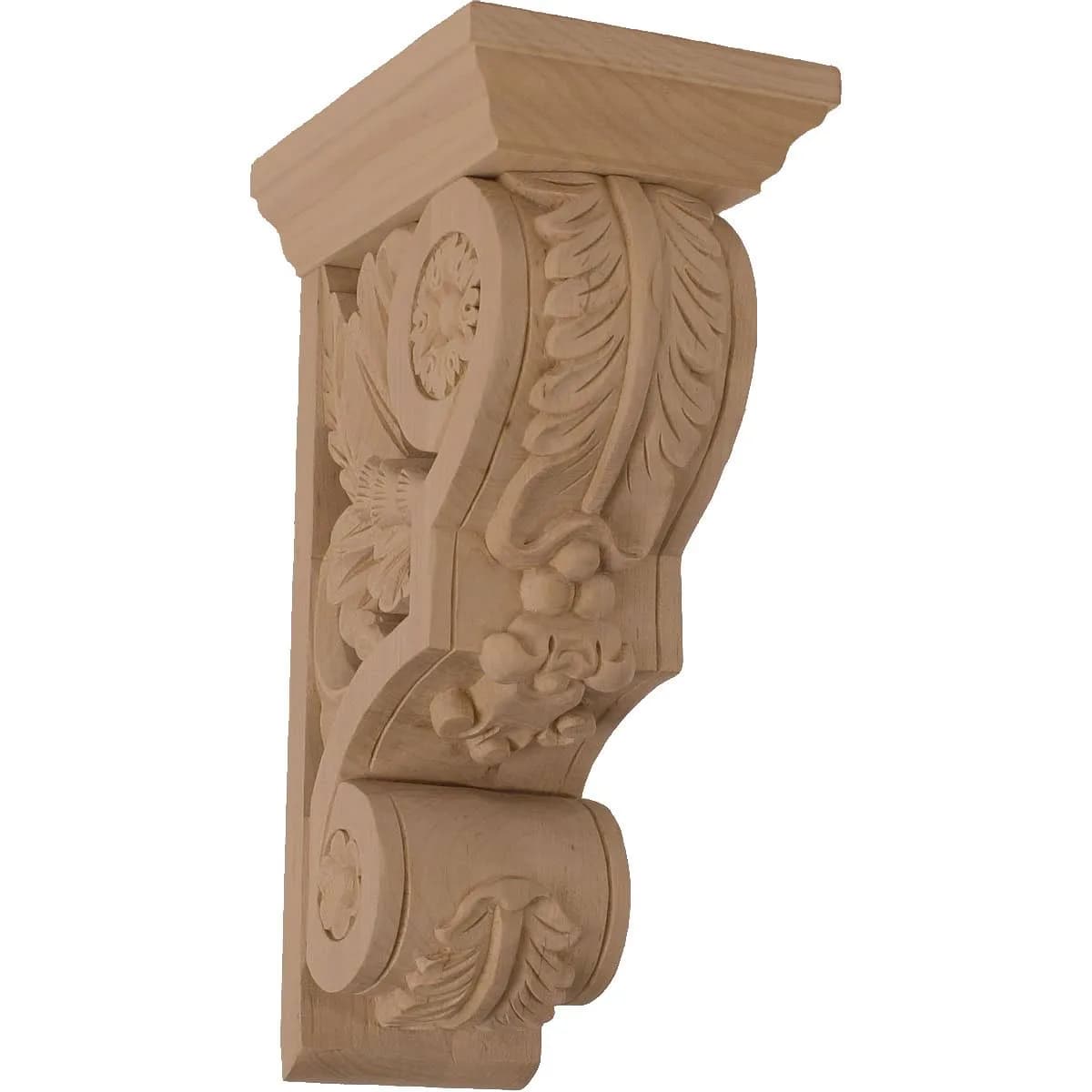 Ekena Millwork COR03X05X09FLLW 3 3/4-Inch W x 5 1/2-Inch D x 9 1/2-Inch H Small Floral Corbel, Lindenwood | Supports up to 250lbs — Lindenwood