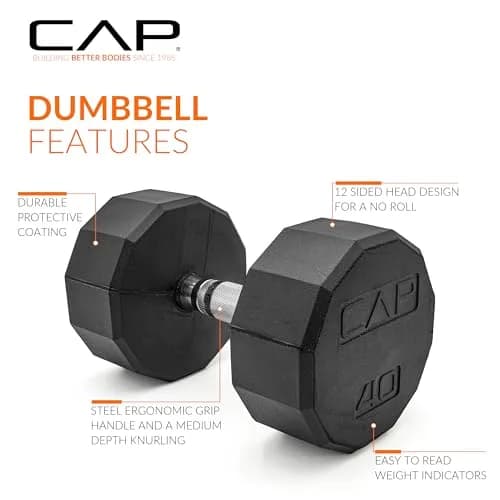 CAP 40lb Rubber Coated 12-Sided Dumbbell | Anti-Roll, Chrome Handle, Durable thumbnail 3