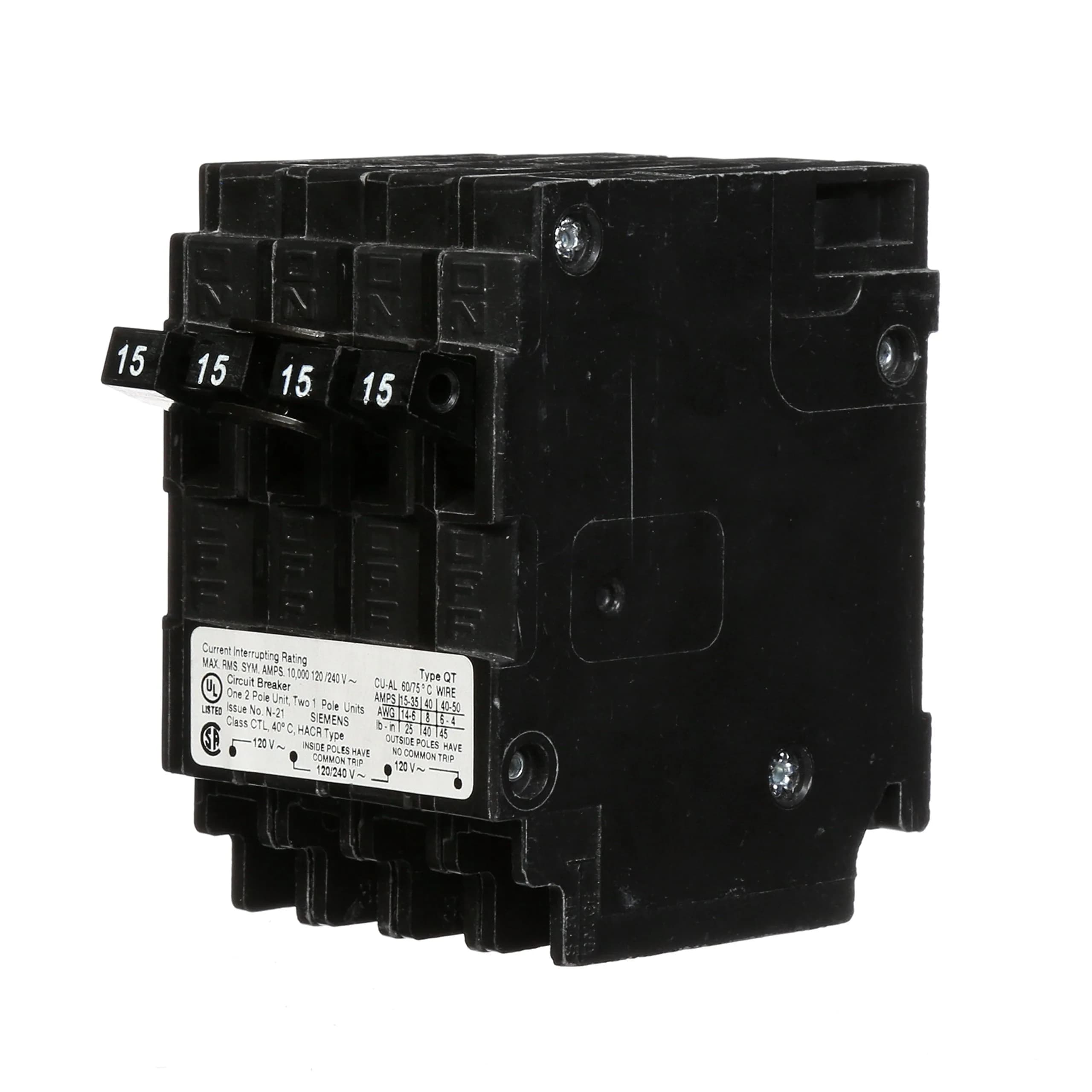 SIEMENS Q21515CT Double Two 15-Amp Single Pole Circuit Breaker | Space Saving 15A Triplex — Black