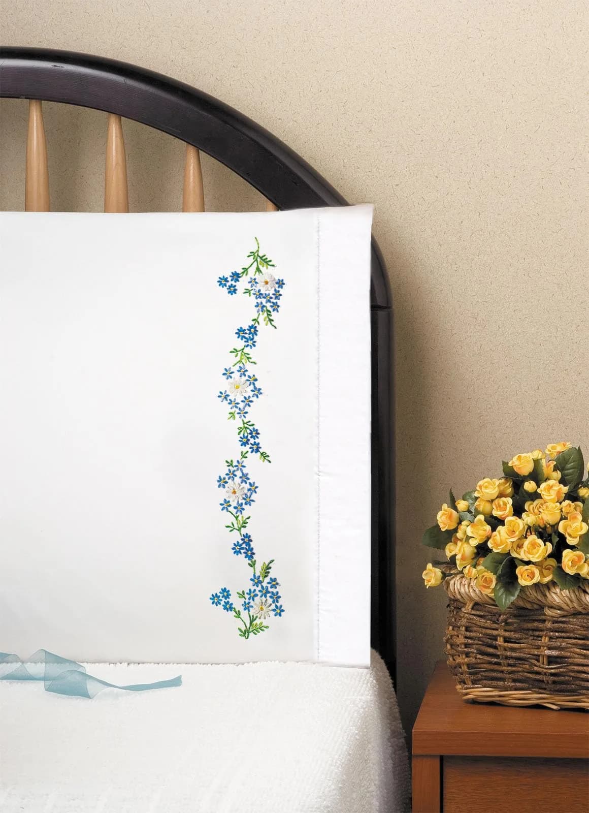 Design Works Crafts 20" x 30" Stamped Pillowcases for Embroidery, Daisies, White Blue | Washable Blue Ink — White Blue