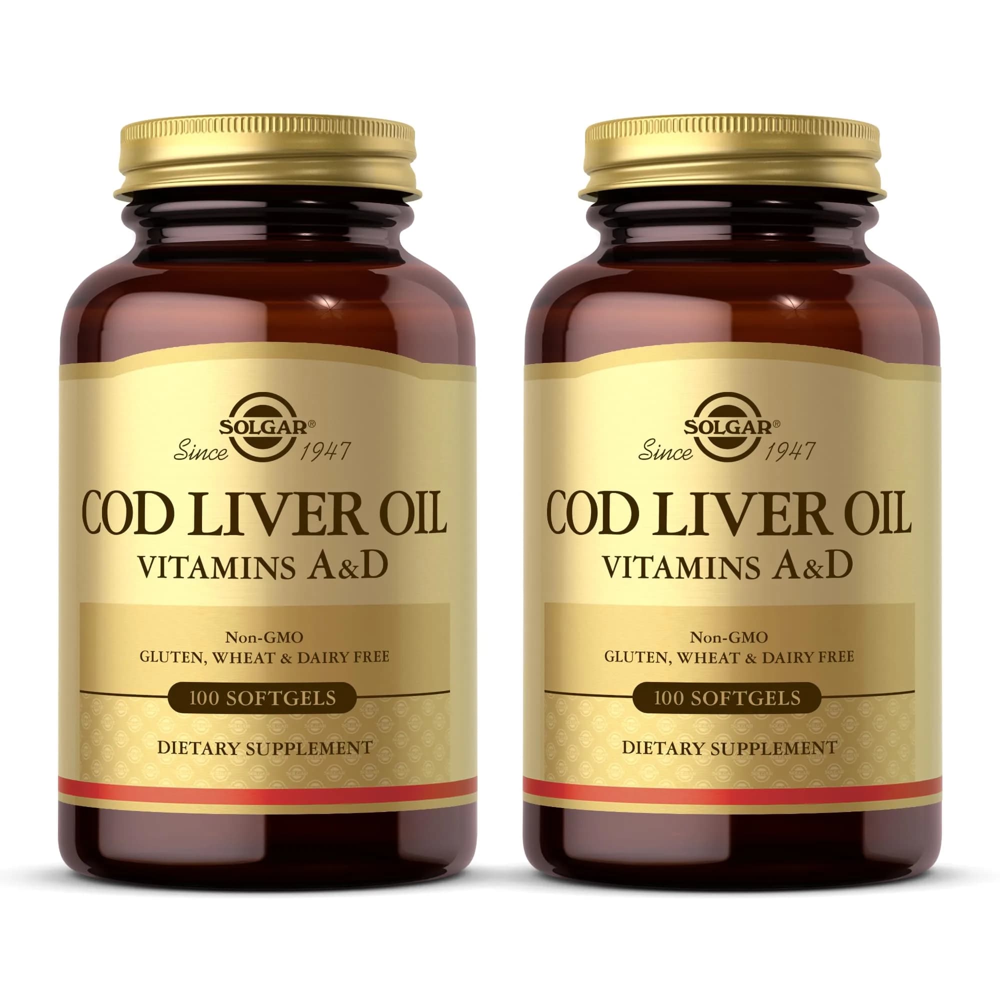 Solgar Cod Liver Oil - 100 Softgels Pack of 2 | Vitamins A & D Support, Non-GMO, Gluten Free - main product image