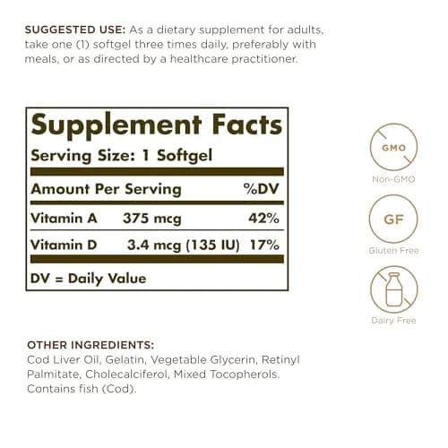 Solgar Cod Liver Oil - 100 Softgels Pack of 2 | Vitamins A & D Support, Non-GMO, Gluten Free thumbnail 2