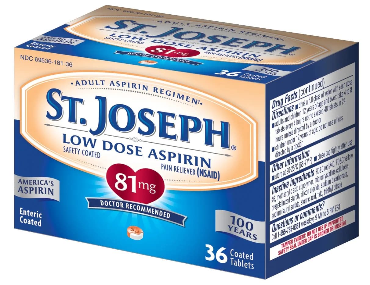 St. Joseph Aspirin 81mg 36 ct | Enteric Coated Low Dose Aspirin for Heart & Stroke Prevention