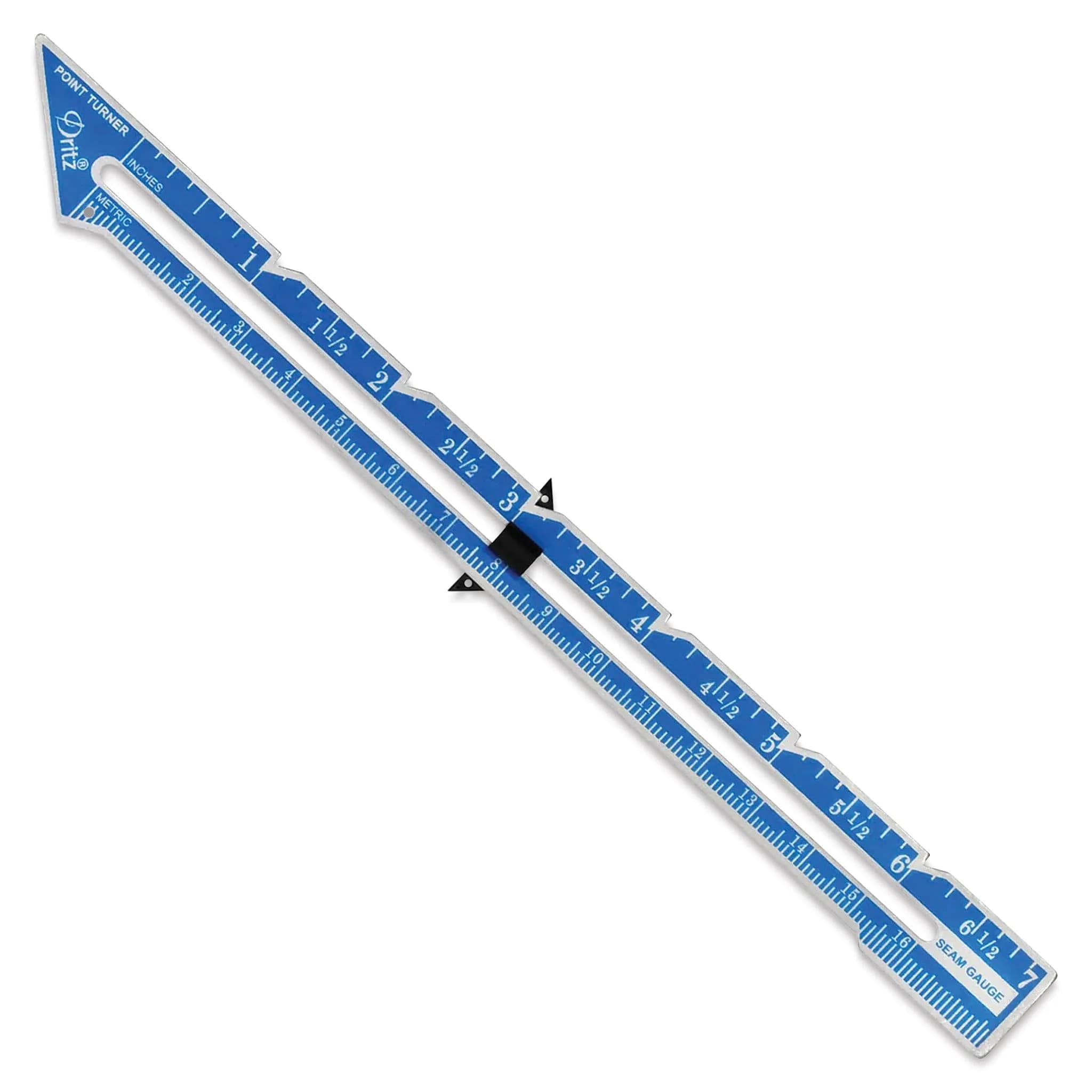 Dritz Seam Gauge with Point Turner 7-Inch | Multi-Purpose Sewing Ruler for Tailoring & Crafting — Nickel With Black Printing and Blue Slider