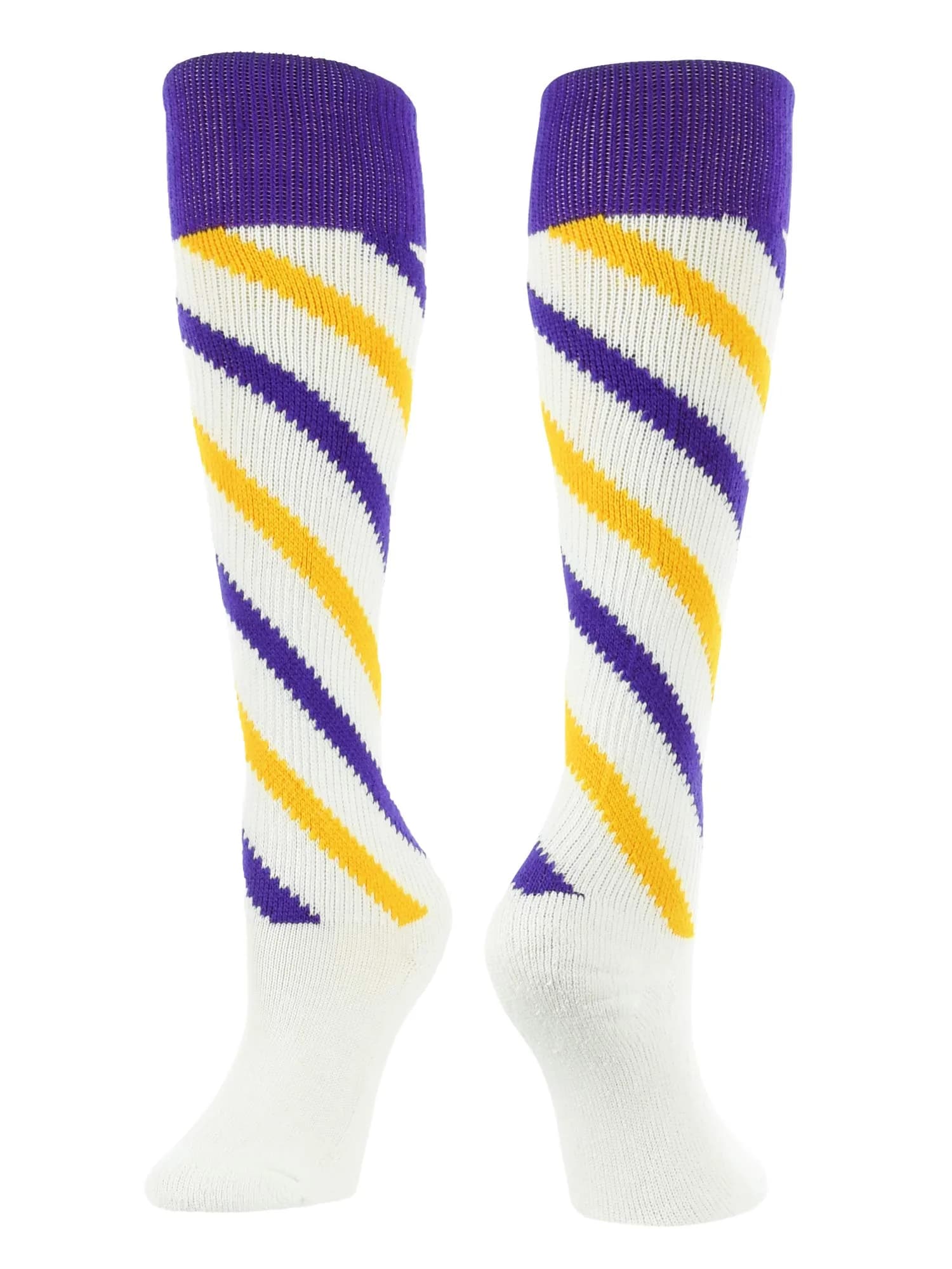 TCK Candy Stripes Knee High Socks (White/Purple/Gold, Medium) | Classic Athletic Socks for Boys & Girls