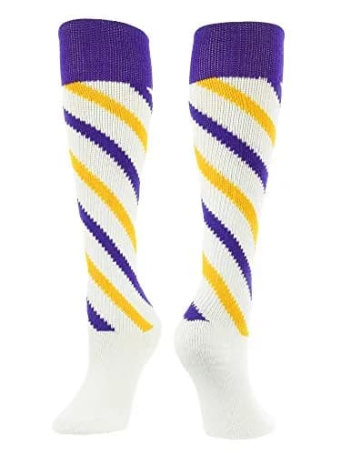 TCK Candy Stripes Knee High Socks (White/Purple/Gold, Medium) | Classic Athletic Socks for Boys & Girls thumbnail 1