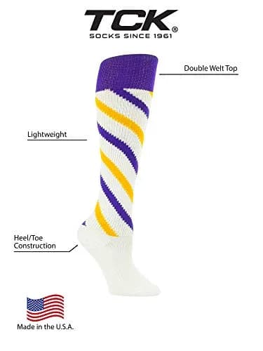 TCK Candy Stripes Knee High Socks (White/Purple/Gold, Medium) | Classic Athletic Socks for Boys & Girls thumbnail 2