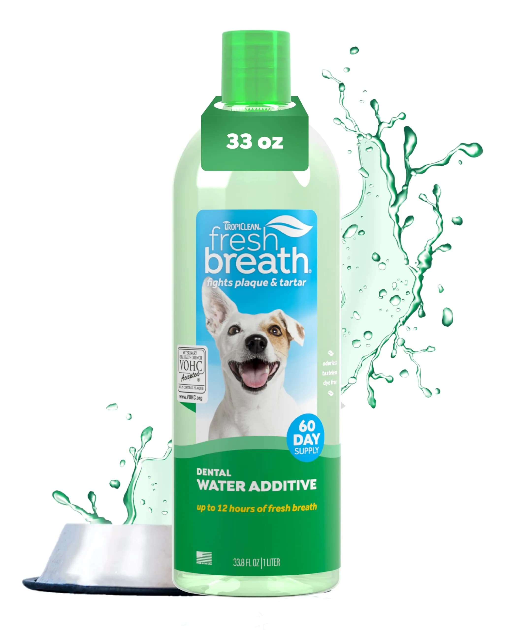 TropiClean Fresh Breath Max Strength Dog Teeth Cleaning Water Additive 473ml (16 fl oz) | VOHC Accepted for Plaque & Tartar Control — Clear / 33.8 Ounce