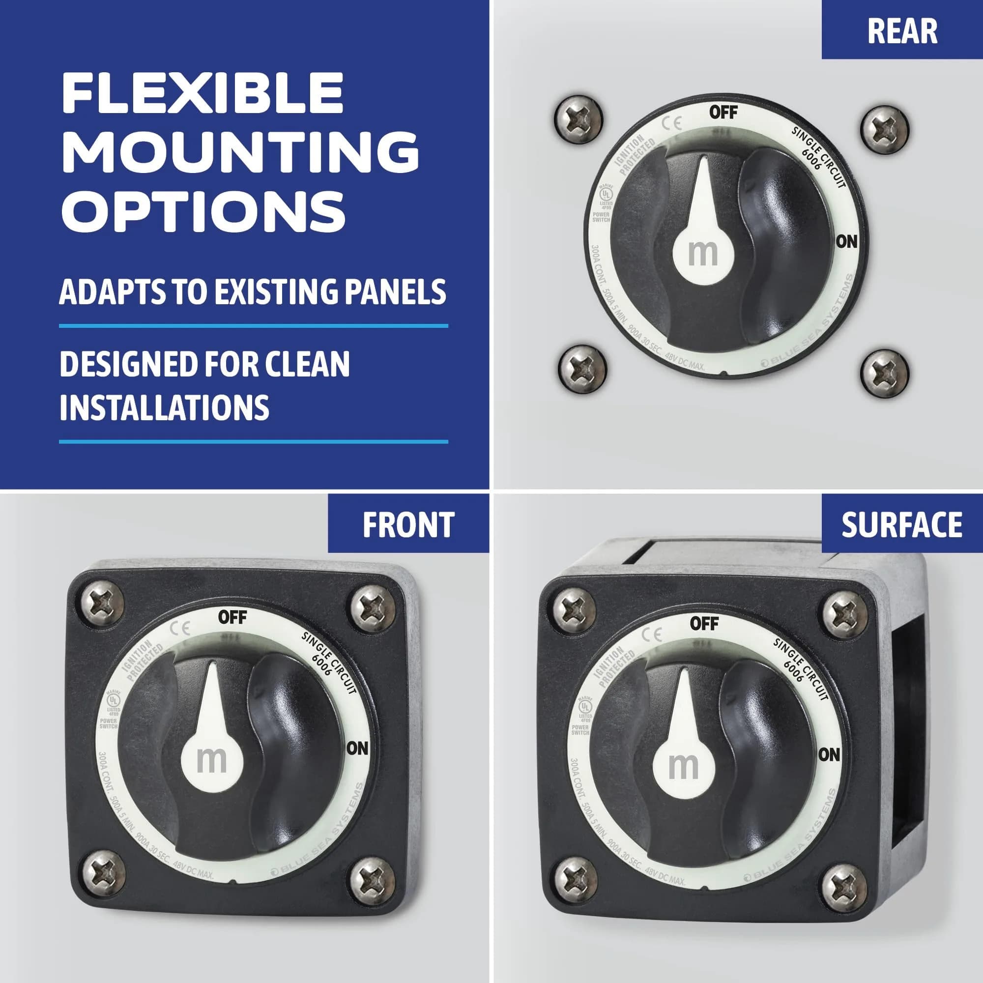 Blue Sea Systems m-Series ON/OFF Battery Switch with Knob | Ignition Protected, 300A Continuous - view 4