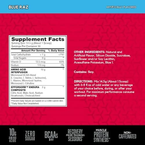 BSN Amino X Recovery Powder with BCAAs, Zero Sugar, Blue Raz, 30 Servings | Supports Muscle Recovery & Endurance thumbnail 2