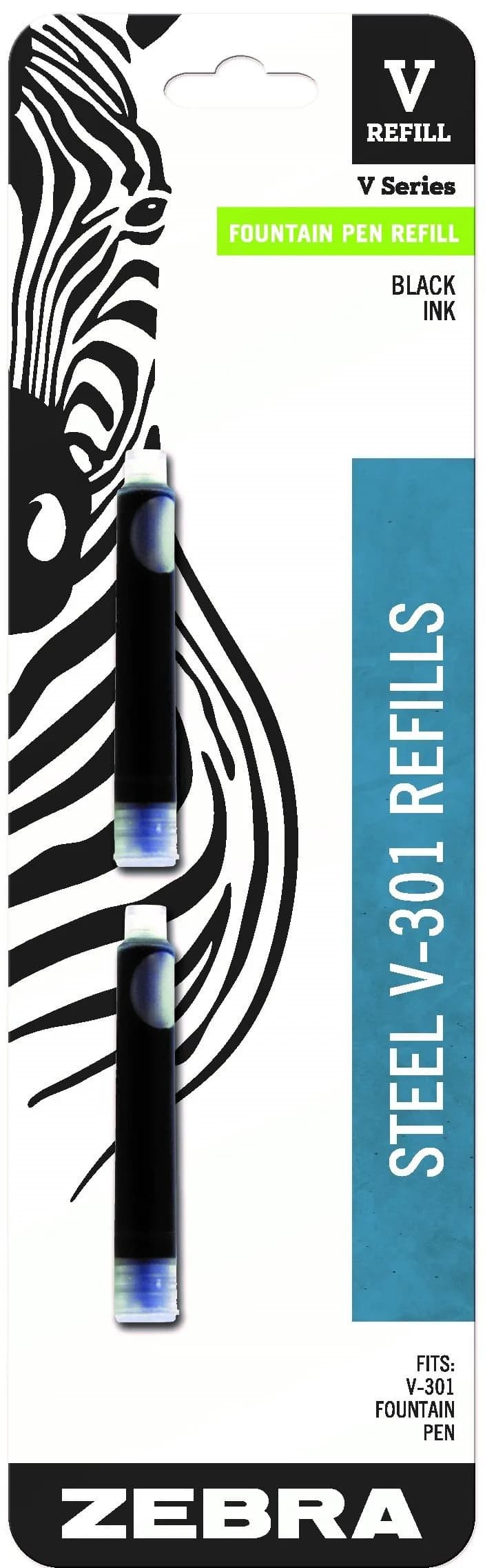 Zebra Pen Steel Fountain Pen Refill 0.7mm | Fits V-301, Black Ink, 2-Pack — Black