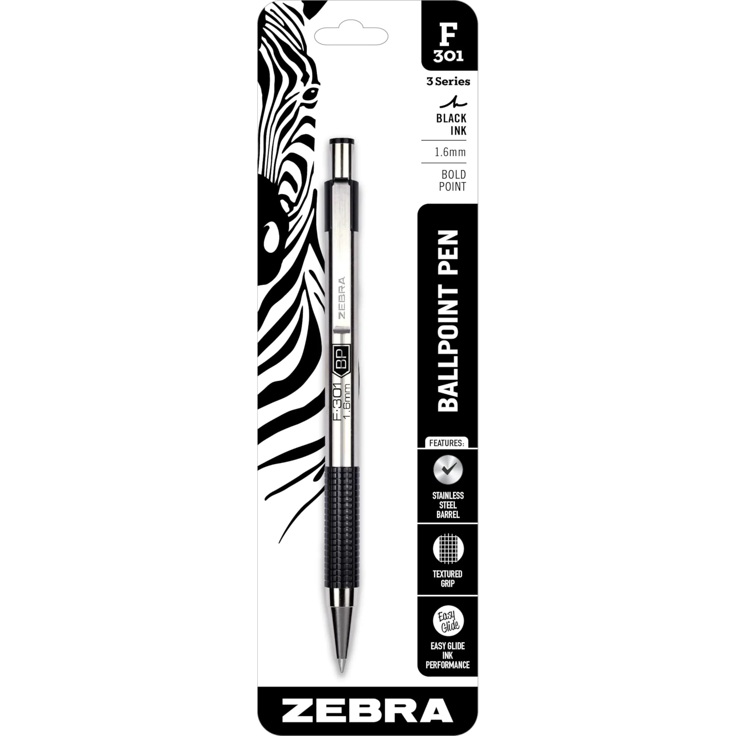 Zebra Pen STEEL F-301 Retractable Ballpoint Pen, Black Ink, 1.6mm, 2-Pack | Smooth Ink Flow for Students & Professionals — Black A