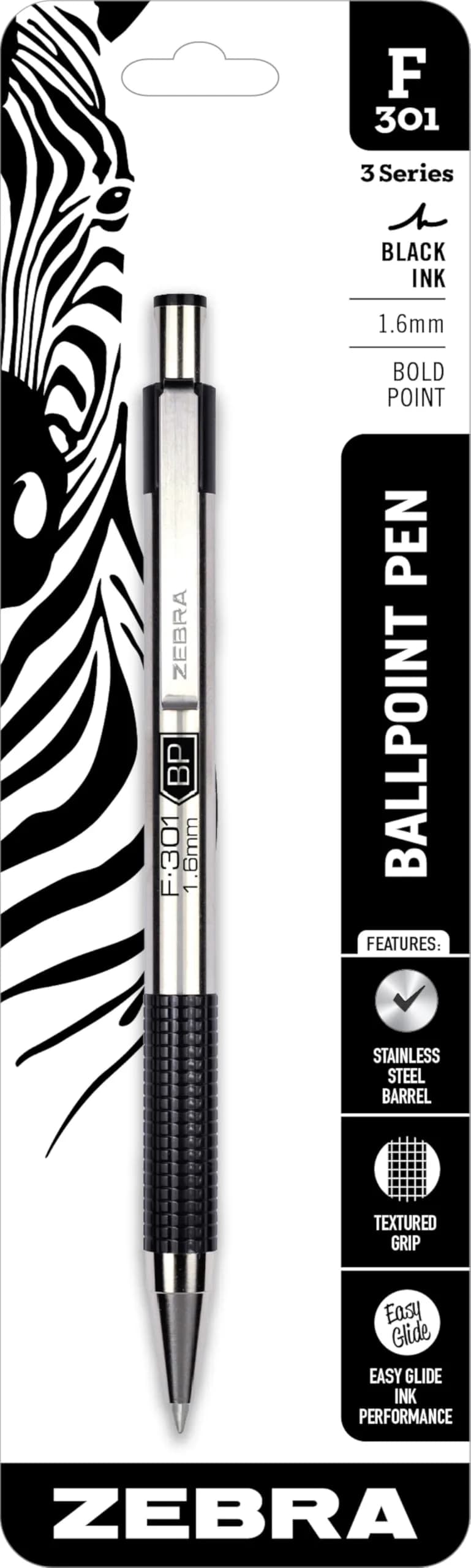 Zebra Pen STEEL F-301 Retractable Ballpoint Pen, Black Ink, 1.6mm (Bold Point), 1-Pack | Smooth Ink Flow for Office & School - main product image