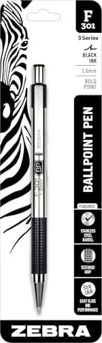 Zebra Pen STEEL F-301 Retractable Ballpoint Pen, Black Ink, 1.6mm (Bold Point), 1-Pack | Smooth Ink Flow for Office & School thumbnail 1