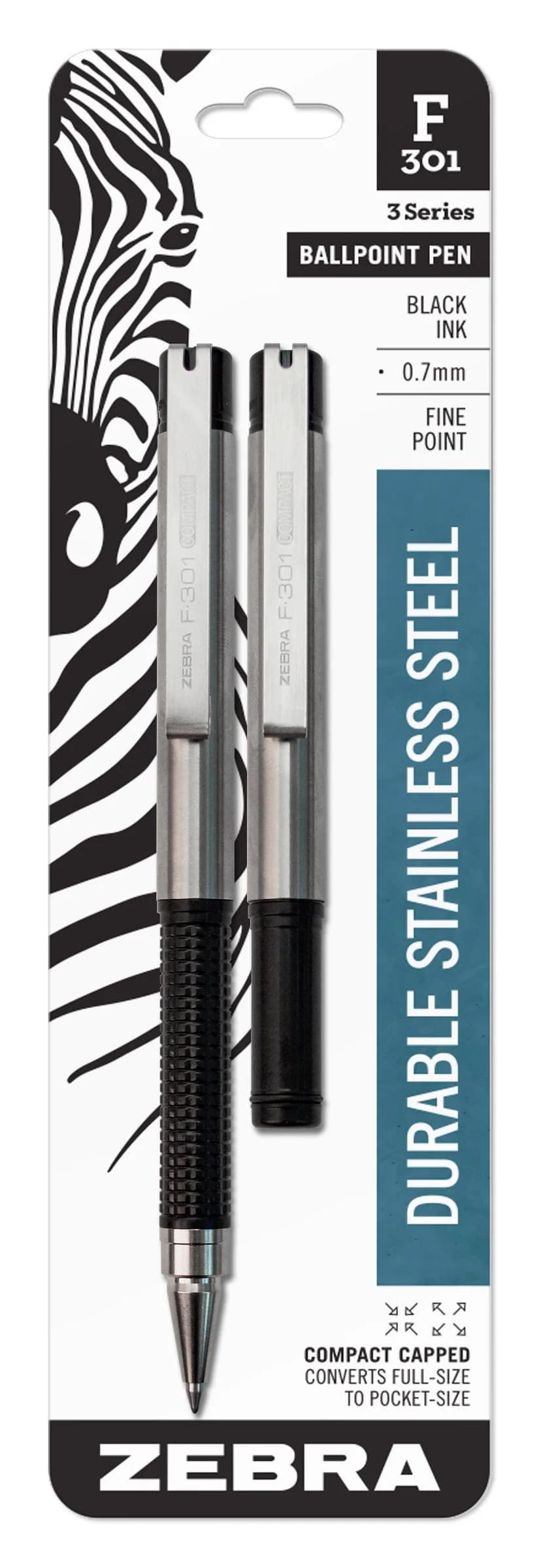 Zebra Pen F-301 Compact Retractable Ballpoint Pen, Black Ink, 0.7mm, 2-Pack | Smooth Ink Flow - main product image