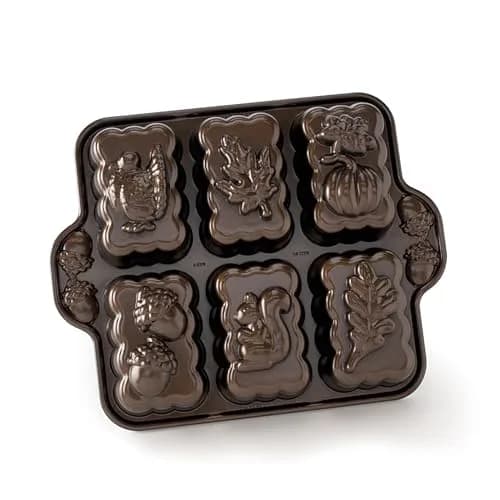 Nordic Ware Harvest Mini Loaf Pan, 5-Cup, Bronze | Cast Aluminum, Intricate Fall Designs, Oven Safe to 400°F thumbnail 1