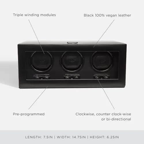 Wolf Designs Triple Watch Winder with Glass Cover | Secure Fit for Heavy Watches, Vegan Leather, Includes Universal Adapter thumbnail 4
