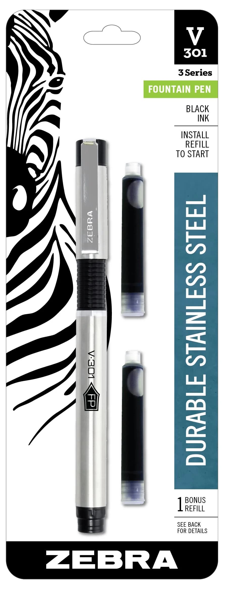 Zebra Pen V-301 Fountain Pen, Stainless Steel Barrel, Fine Point 0.7mm, Black Ink, 1-Pack with Refill | Smooth Ink Flow for Everyday Writing - main product image
