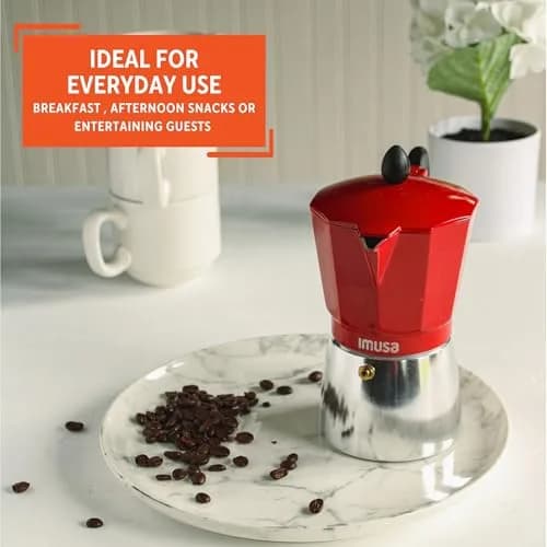 Imusa Red Coffee Maker 3-Cup | Aluminum Stovetop Espresso Machine with Cool Touch Handle thumbnail 7