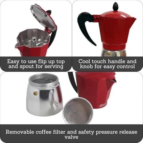 Imusa Red Coffee Maker 3-Cup | Aluminum Stovetop Espresso Machine with Cool Touch Handle thumbnail 2