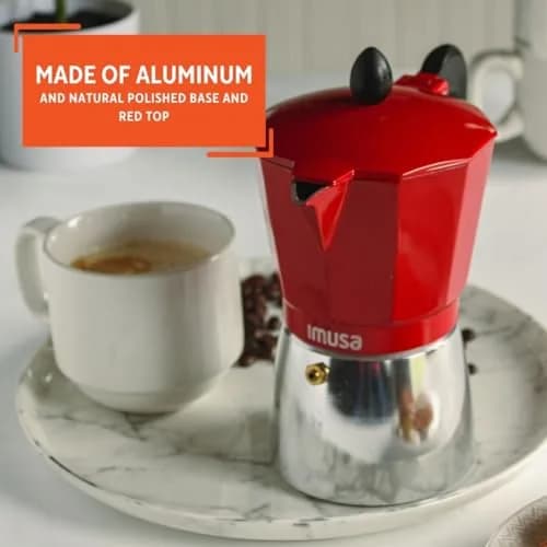 Imusa Red Coffee Maker 3-Cup | Aluminum Stovetop Espresso Machine with Cool Touch Handle thumbnail 3