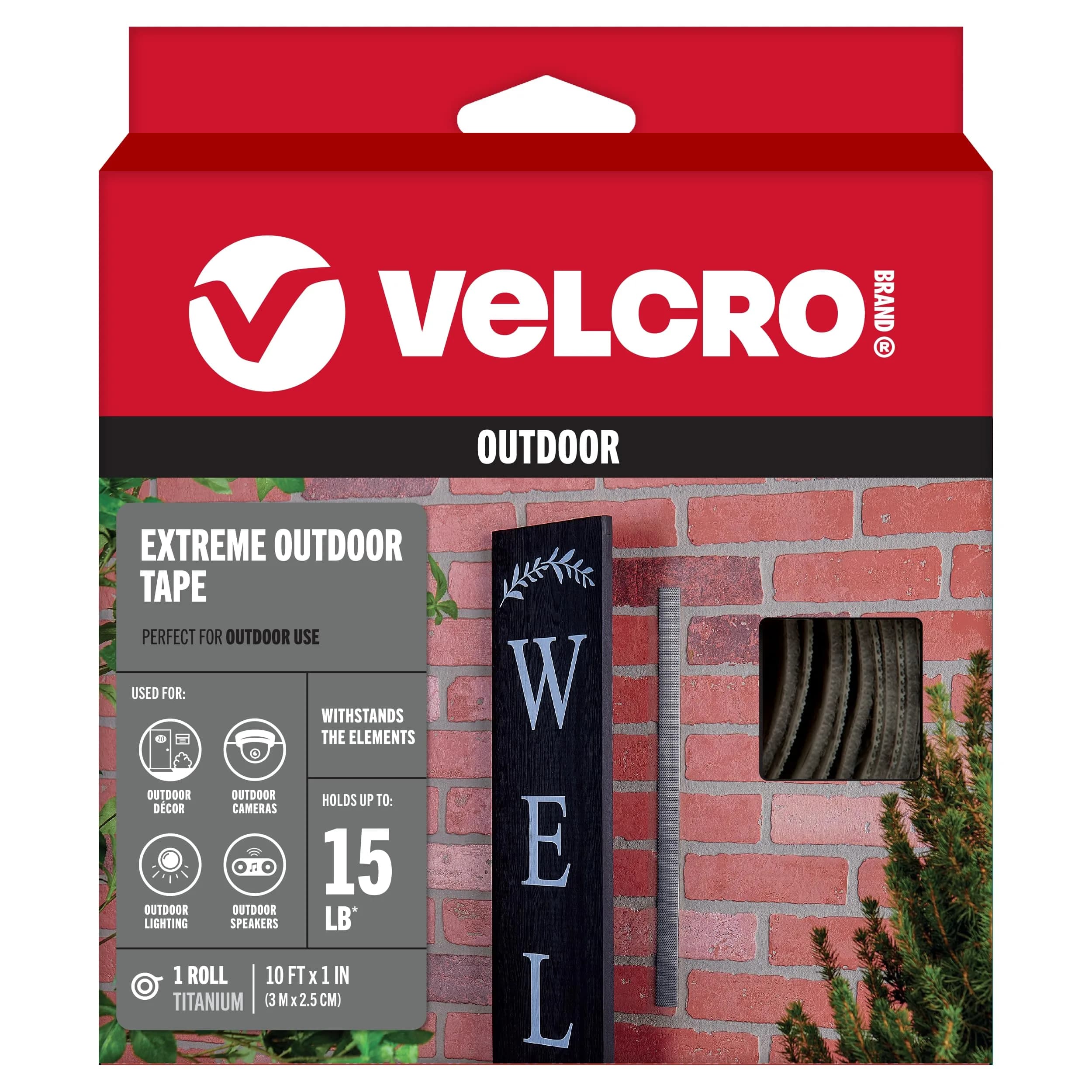VELCRO Brand Extreme Outdoor Tape Titanium 10ft (3.05m) Roll | Holds Up to 15 Lbs (6.8 kg) | UV & Weather Resistant — Titanium
